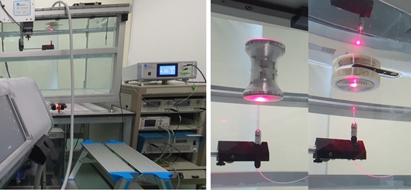 ▲케이메디허브 보유 음장 분포 측정 시스템(좌측), 광섬유 센서를 이용한 고강도 충격파 측정 모습(우측)<br>